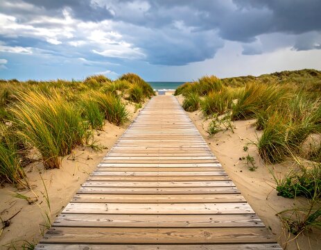 Wooden pathway through dunes towards the beach under cloudy skies