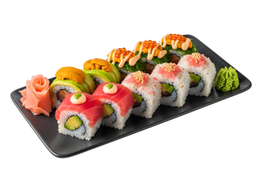 Assortment of delicious sushi rolls and nigiri on a black plate, isolated on transparent background