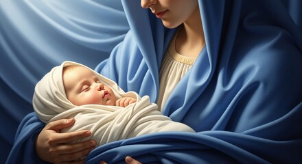 The Virgin Mary holding the sleeping baby Jesus. Classic Madonna and Child religious art. Christian Nativity and motherhood concept