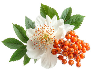 Floral arrangement with blossoms and orange berries on transparent background