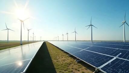 A modern energy facility powered by renewable sources, featuring solar panels and wind turbines. The expansive view allows for ample copy space. - Powered by Adobe