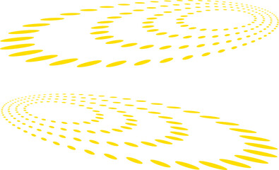 Yellow elliptical dot patterns forming dynamic swirling waves on a clean white background, creating a modern abstract motion effect ideal for tech, digital, and graphic design themes.
