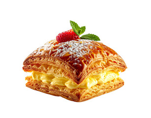 Freshly baked pastry with cherry and mint garnish isolated on transparent background