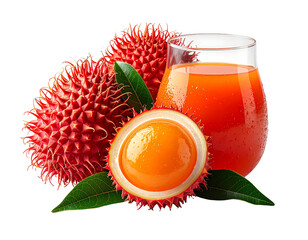 Freshly harvested lychees and citrus fruits with juice on a transparent background