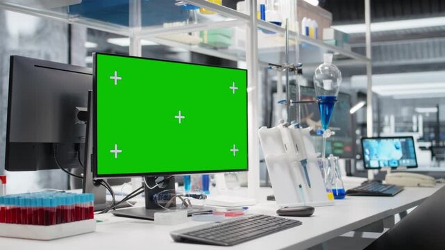 Isolated screen computer monitor in modern laboratory used for molecular analysis research. Chroma key PC display in medical research facility lab used for DNA data comparison, zoom out shot
