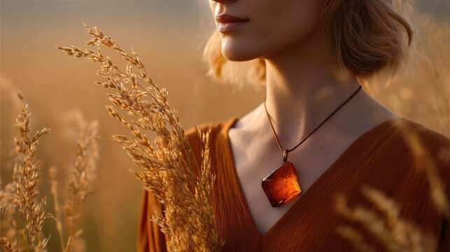 Woman in Field with Amber Pendant Surrounded by Wheat Grass During Golden Hour Light in Warm Tones