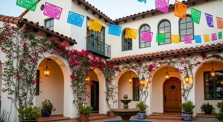 Vibrant Courtyard Adorned with Colorful Papel Picado Banners and Lush Greenery.
