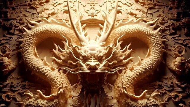 Chinese lunar new year Chunjie celebration concept. A detailed, intricately carved wooden sculpture of a dragon surrounded by ornate patterns. The dragons scales are intricately detailed.