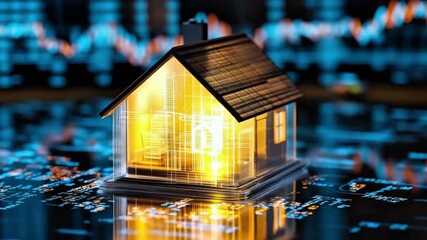 Real Estate Technology and Investment: Miniature House Model on Digital Data Platform with Financial Charts - Powered by Adobe
