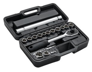 Open tool case with variety of instruments for repair and maintenance against transparent background