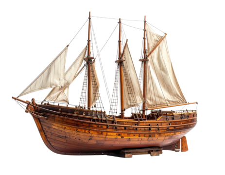 Miniature wooden sailboat isolated on transparent background studio shot