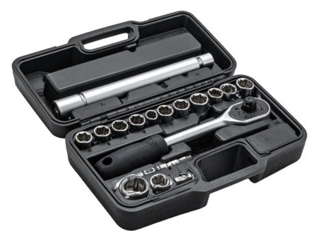 Open tool case with variety of instruments for repair and maintenance against transparent background