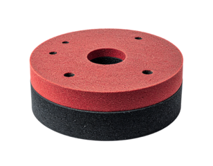 Red and black circular object with holes on a transparent background