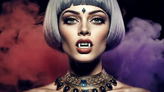 Egyptian Pharaoh Vampire Woman Changing Hair from Black to White Revealing Fangs Close-Up