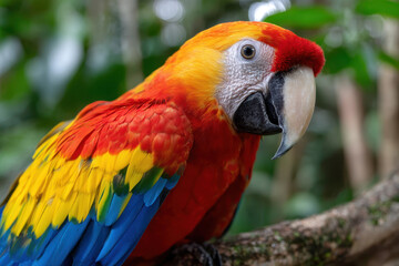 Fototapeta premium Vibrant parrot perched on a branch in a lush tropical forest during the day