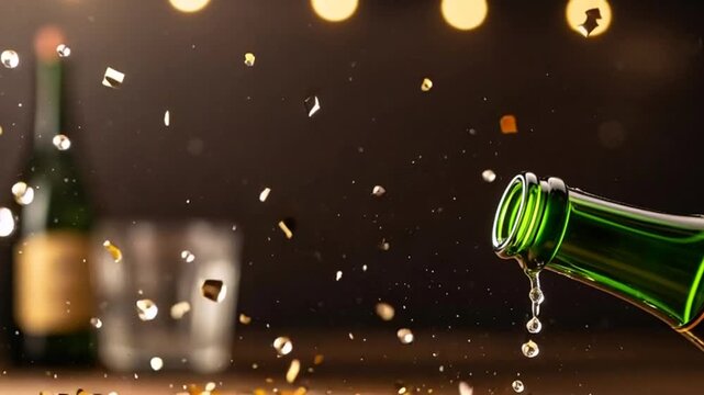 Champagne bottle popping with golden confetti exploding in a dynamic splash, celebrating success and joyous moments, perfect for festive occasions and luxury lifestyle branding