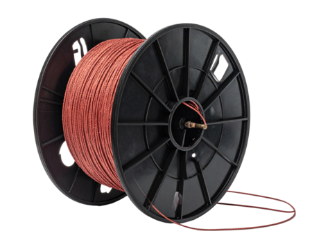 Spool of red metal wire with a transparent background for construction or industry