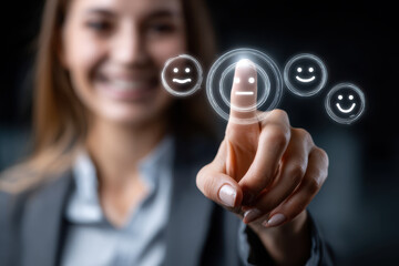 User interacts with digital feedback icons while smiling in a modern office setting