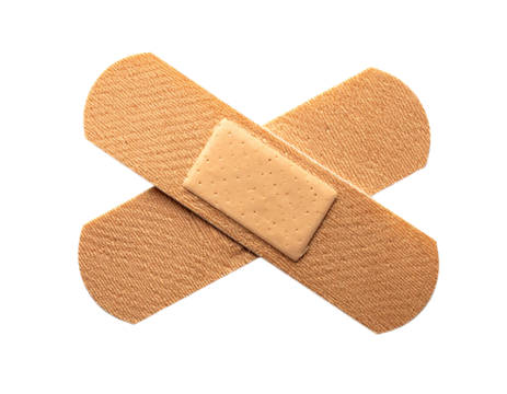 Two adhesive bandages crossed on transparent background health care concept