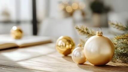 simple elegant office with golden holiday ornaments and soft shadows