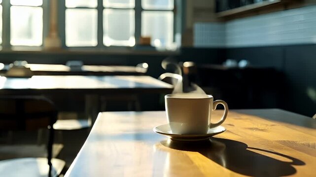 A closeup shot of a wooden table with a cup of coffee on it. The cup is white and sits on a saucer. The table has a smooth, polished surface with visible grain patterns.
