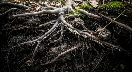 Fototapeta premium Intricate network of tree roots exposed in forest environment.