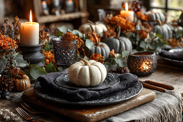 Naklejka premium Table set with beautiful autumn decor for festive dinner in room