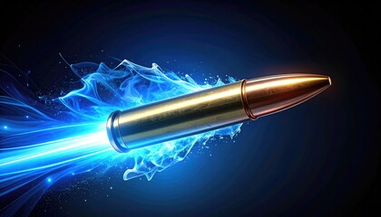 Golden Bullet Flying Through Blue Energy Trail with Particles on Black Background