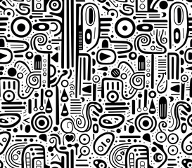 Black and white abstract hand-drawn doodles .Seamless pattern.