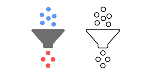 Bias filter icon featuring a funnel removing red bias dots from a blue data stream. Great for visualizing fair data processing, unbiased algorithms, and machine learning integrity concepts.