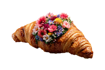 On a transparent background. Delicious appetizing bread croissant with beautiful flowers. Exotic food. Image for designers, marketers and IT. Popular illustration, object.