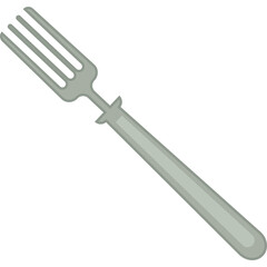 Simple silver metal fork with four prongs and a long handle against a white background