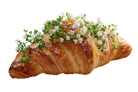 On a transparent background. Delicious appetizing bread croissant with beautiful flowers. Exotic food. Image for designers, marketers and IT. Popular illustration, object.