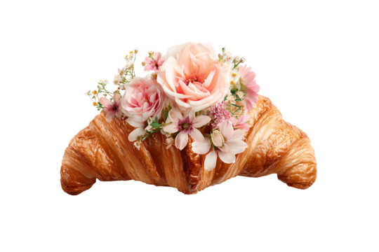 On a transparent background. Delicious appetizing bread croissant with beautiful flowers. Exotic food. Image for designers, marketers and IT. Popular illustration, object.