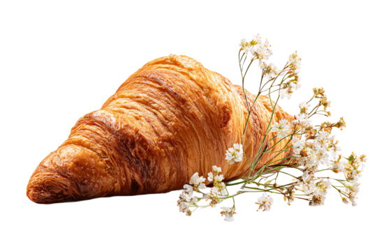 On a transparent background. Delicious appetizing bread croissant with beautiful flowers. Exotic food. Image for designers, marketers and IT. Popular illustration, object. - Powered by Adobe
