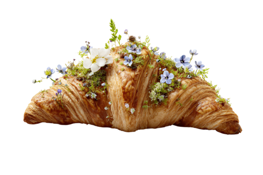 On a transparent background. Delicious appetizing bread croissant with beautiful flowers. Exotic food. Image for designers, marketers and IT. Popular illustration, object.