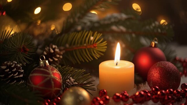 松枝とオーナメントに囲まれた揺れるキャンドルの温かい冬の情景