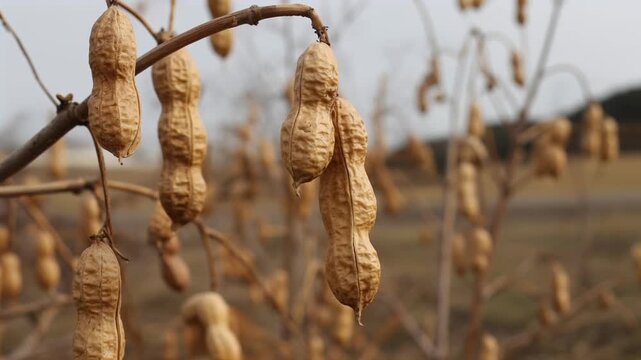 Peanut tree dry pods hanging from branch under clear blue sky during harvest