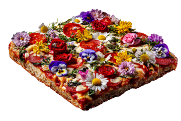 On a transparent background. Delicious appetizing pizza with beautiful flowers. Exotic food. Image for designers, marketers and IT. Popular illustration, object. Sphere of trade, economy, sales.