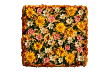 On a transparent background. Delicious appetizing pizza with beautiful flowers. Exotic food. Image for designers, marketers and IT. Popular illustration, object. Sphere of trade, economy, sales.