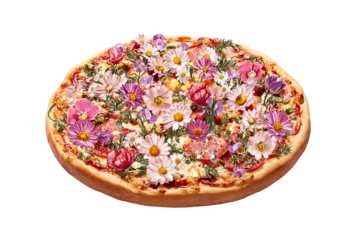 On a transparent background. Delicious appetizing pizza with beautiful flowers. Exotic food. Image for designers, marketers and IT. Popular illustration, object. Sphere of trade, economy, sales.