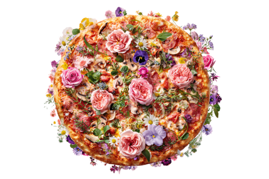 On a transparent background. Delicious appetizing pizza with beautiful flowers. Exotic food. Image for designers, marketers and IT. Popular illustration, object. Sphere of trade, economy, sales.