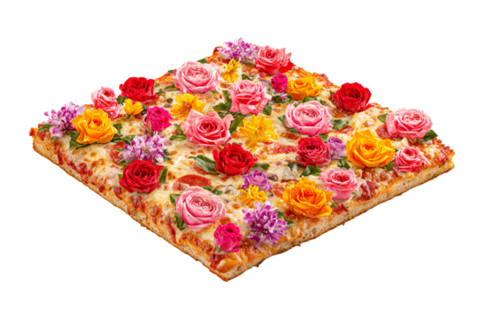 On a transparent background. Delicious appetizing pizza with beautiful flowers. Exotic food. Image for designers, marketers and IT. Popular illustration, object. Sphere of trade, economy, sales. - Powered by Adobe