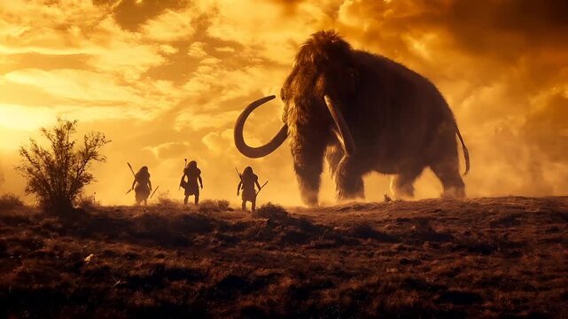 A vivid portrayal of a prehistoric landscape dominated by a mammoth, silhouetted against a fiery sky. The mammoth stands prominently in the foreground.