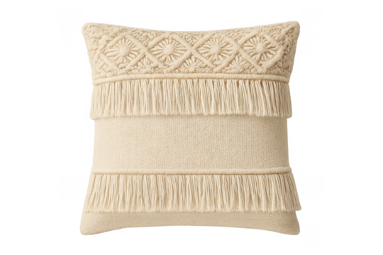 Boho cream cushion with fringe and macrame patterns