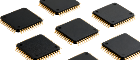 金色ピンが並ぶ黒いマイクロチップ｜背景なし・透過PNG・コピースペース