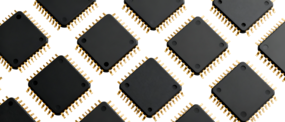 金色ピンが並ぶ黒いマイクロチップ｜背景なし・透過PNG・コピースペース