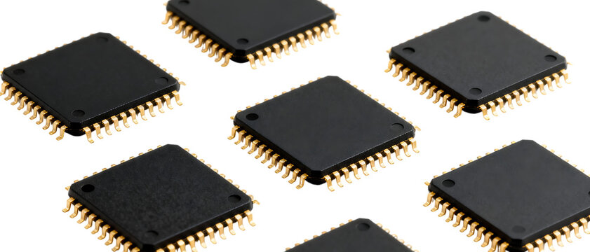 金色ピンが並ぶ黒いマイクロチップ｜背景なし・透過PNG・コピースペース