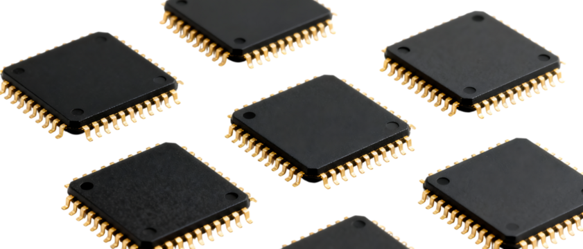 金色ピンが並ぶ黒いマイクロチップ｜背景なし・透過PNG・コピースペース