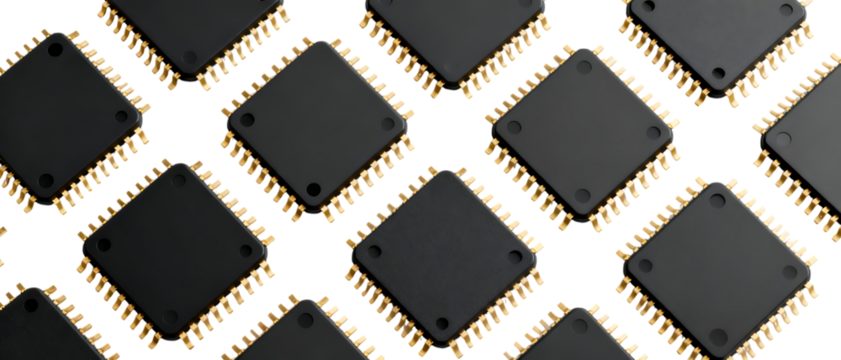 金色ピンが並ぶ黒いマイクロチップ|背景なし・透過PNG・コピースペース - Powered by Adobe